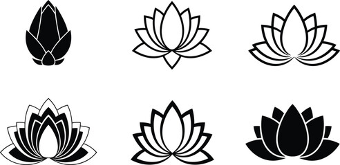 Obraz premium Stylized lotus flower icons set, spiritual nature vector illustration, decorative floral design, meditation wellness concept, purity enlightenment symbol, flat vector art graphics