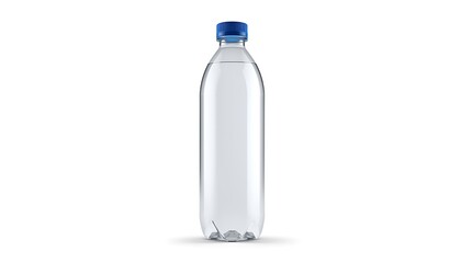Fototapeta premium A clear plastic water bottle with a blue cap stands alone on a white background