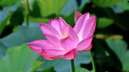 Obraz premium A detailed macro view of a vibrant pink sacred lotus (Nelumbo nucifera) in full bloom, featuring delicate petals and a yellow stamen against lush green pond leaves.
