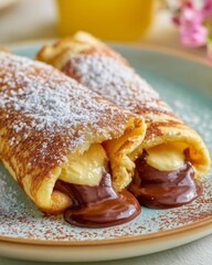 Close up hero shot of Bavarian crepe roll filled with cream and chocolate sauce, dusted with powdered sugar on a light blue plate with soft floral background