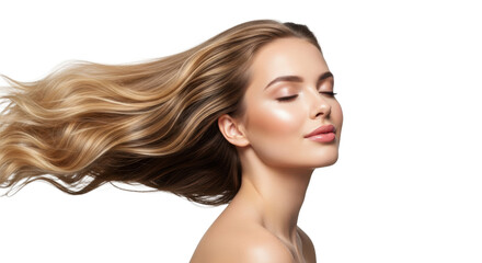 Fototapeta premium beautiful young caucasian woman, eyes closed, glossy blonde hair flowing horizontally in bright high-key studio light with ample copy space, luxury beauty concept