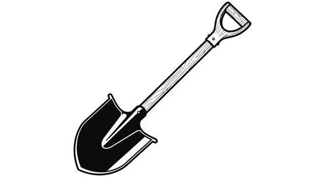 Simple black and white illustration of a shovel with a long handle and sharp blade for gardening or digging purposes in various outdoor activities and construction projects.