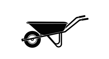 Simple black and white illustration of a wheelbarrow with a single wheel and handles for gardening or construction purposes