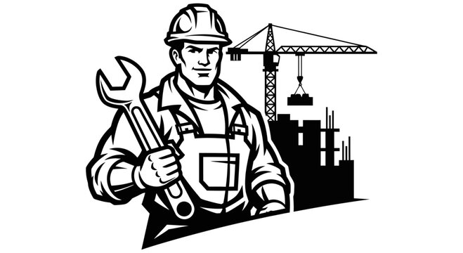 Construction worker wearing hard hat holding wrench confidently standing in front of industrial building and crane machinery