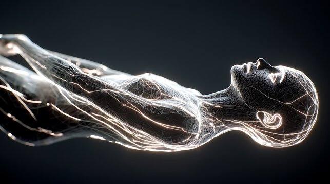 flowing ribbons of light forming a sleeping human shape in the air, concept of lucid dreaming and subconscious movement 