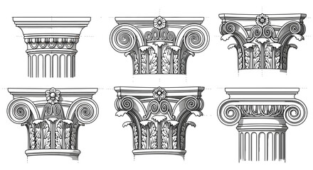 Naklejka premium Detailed architectural illustrations showcase various ornate classical column capitals and designs in a technical drawing style for architectural reference and inspiration.