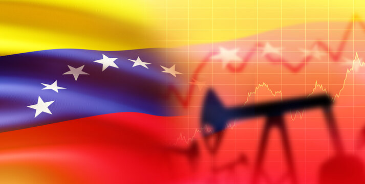 Oil industry, energy economy. Pump jack silhouette over Venezuela flag with rising price chart, symbolizing crude production, exports and market volatility.