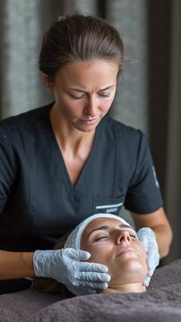 Aesthetician Massaging Client Face with Protective Gloves. Facial Treatment, Skincare Therapy, Cosmetic Procedure.
