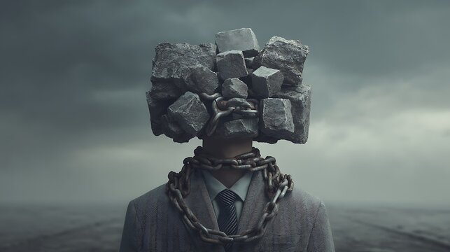 a person standing with heavy floating stones chained to their head, symbolizing overthinking and mental burden 