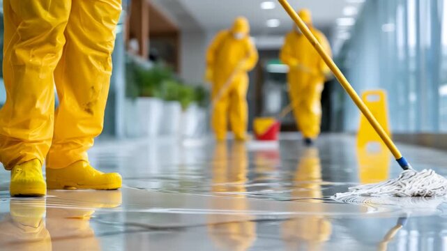 Medium shot of a rapid response cleaning team swiftly mopping up a large liquid spill on a tiled floor in a modern office environment.