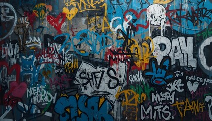Fototapeta premium A vibrant and colorful graffiti wall with various tags and symbols in urban setting