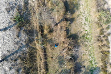 Aerial view of a dirt path surrounded by vegetation with visible tire tracks and scattered stones along the edges