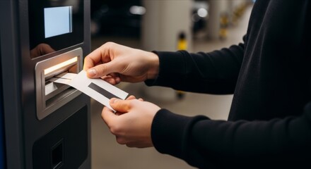 Obraz premium Hand Holding Ticket at a Parking Machine in a Modern Setting