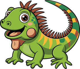 Obraz premium Cute green cartoon iguana character smiling with big eyes, vector illustration
