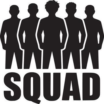 A black and white graphic featuring five silhouetted figures above the word squad in bold letters