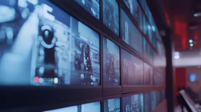Surveillance room displaying real time information and multiple camera feeds on a large video wall for security, control, and data analysis in an urban setting