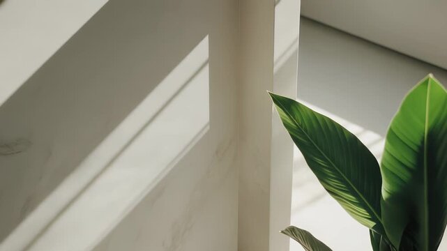 Green plant leaves casting geometric shadows on marble wall and floor, minimalist modern interior bathed in warm natural light for a serene, contemporary home scene