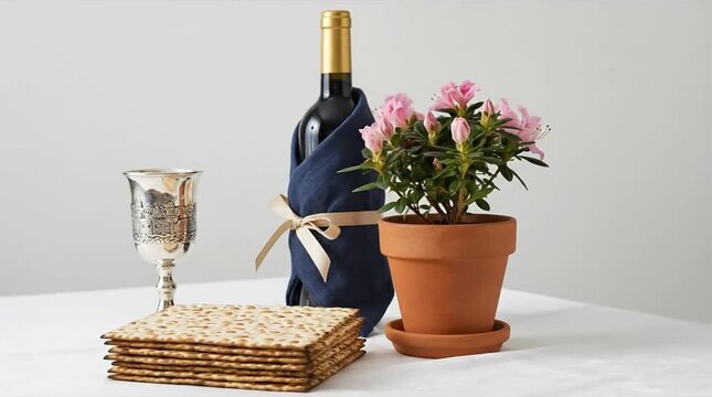 Passover Seder Table Setting with Matzah, Wine Bottle, Kiddush Cup, and Pink Potted Plant on White Background