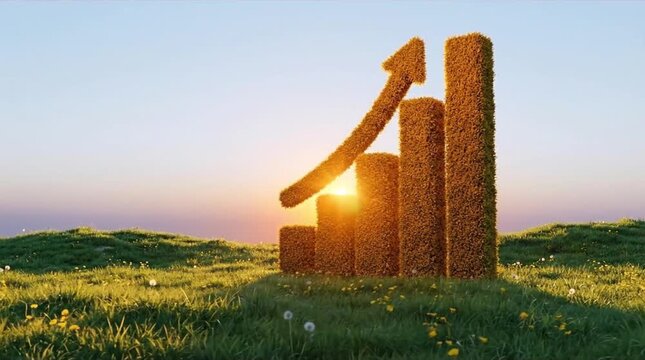 Sustainable Growth Bar Graph Made of Grass on a Green Hill with Sun Setting, Symbolizing Eco-Friendly Progress and Environmental Business Success