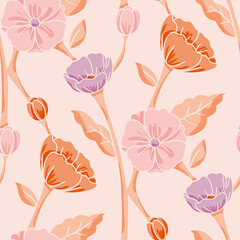 Cotton fabric Hand painted watercolor floral seamless pattern with peach terracotta and purple flowers for textile wallpaper and wrapping paper