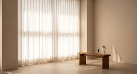 Fototapeta premium A tranquil and inviting minimalist interior space bathed in the gentle glow of natural light streaming through elegant sheer curtains, highlighting a simple wooden table