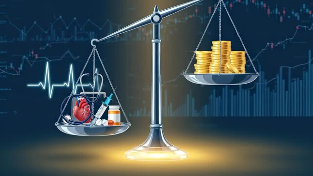 Weighing healthcare costs against the value of life and medical treatment on a balance scale with financial charts in the background.