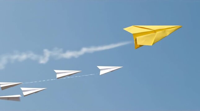 Trailblazing yellow paper airplane leading a formation of white planes against a clear blue sky, symbolizing innovation, leadership, and breaking t...