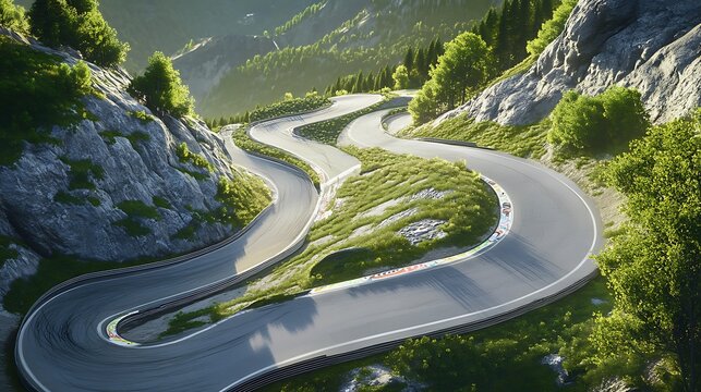 Cycling race on a winding mountain road with cyclists navigating sharp turns and steep inclines