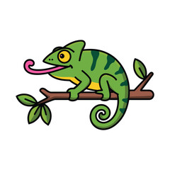Obraz premium Cute green cartoon chameleon lizard sitting on a branch with tongue out