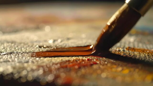 Close up macro view of paintbrush applying brown paint on textured canvas surface in artistic creative process.