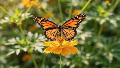 Close-up of a Monarch butterfly resting on a yellow cosmos flower. Orange and black insect in a green garden