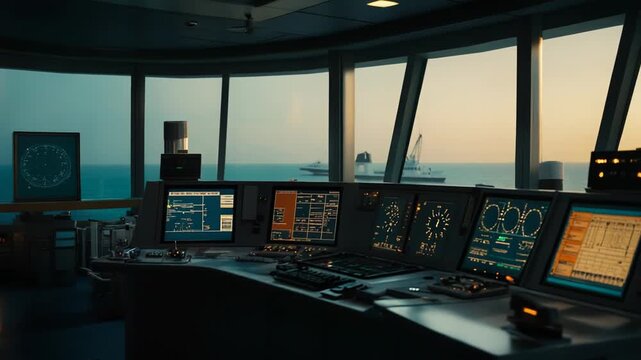 Vessel bridge console with multiple screens displaying navigation data and radar information, overseeing the vast ocean and distant ships under a twilight sky