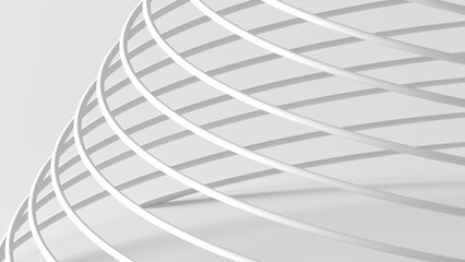 Obraz premium Minimal white composition of overlapping spiral rings and curved lines forming a modern architectural background. Clean geometric pattern with soft shadows, negative space. 3d rendering illustration