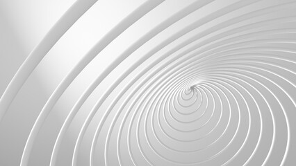 Fototapeta premium Abstract white spiral tunnel with concentric curved bands creating a minimalist modern backdrop. Smooth gradients and soft shadows emphasize depth, perspective and motion. 3d rendering illustration