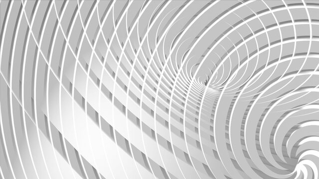 An abstract white spiral tunnel of repeating curved bands forms a minimalist architectural pattern, conveying depth, motion and futuristic design for backgrounds, technolgy. 3d rendering illustration