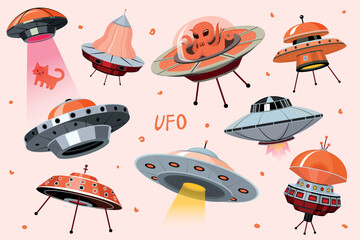 A set of UFO a range of unidentified flying objects with different designs of alien ships in retro sci fi vision but in modern style. Sauser with cute scary monsters