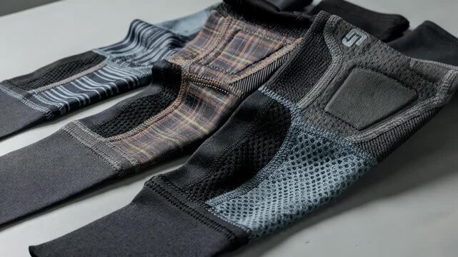Medium shot showing detailed assembly of patterned workplace compression sleeves emphasizing durability and ergonomic design suited for extended wear and protection.