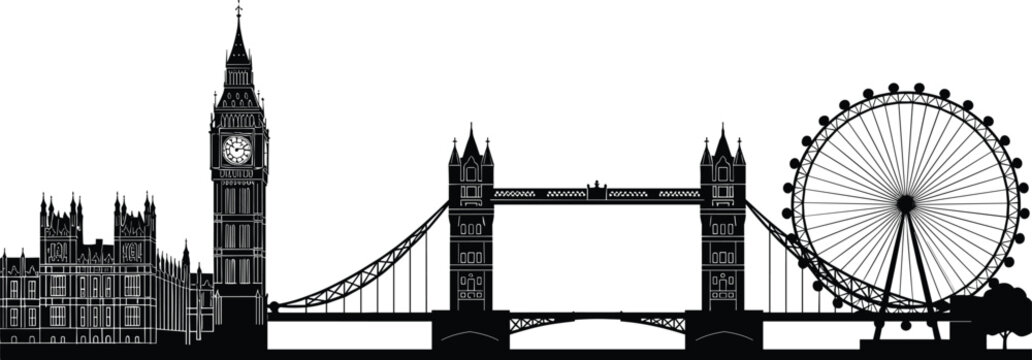London city skyline silhouette featuring Big Ben, Tower Bridge, and London Eye, iconic architecture landmarks vector art, travel tourism design, flat vector illustration