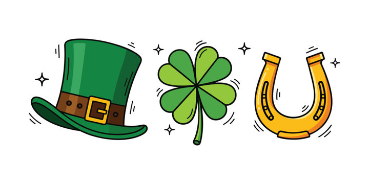 Three festive icons including leprechaun hat, four leaf clover and golden horseshoe representing st. patrick's day celebration and irish folklore