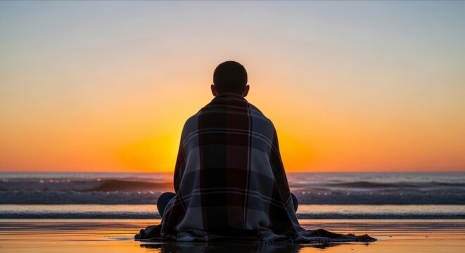 Serene Individual Meditating on Beach at Sunrise with Colorful Horizon