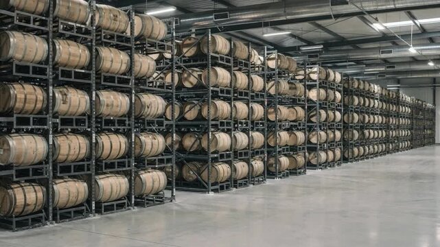 Medium shot of barrel warehouse racking showing palletized casks neatly stacked in an industrial aging facility with metal frames and organized rows.