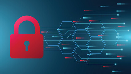 Digital cybersecurity concept with red padlock and hexagonal network connection background