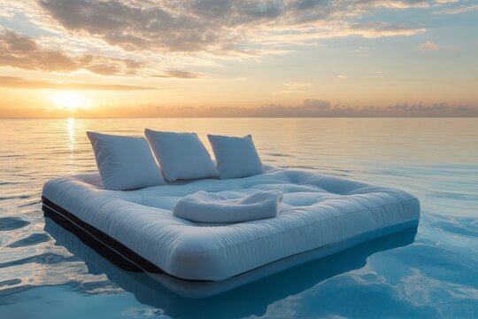 Floating double bed in pool at sunset with soft mattress and pillows creates summer vacation vibe