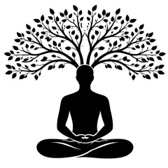 Minimalist Meditation Silhouette with Tree Branches Growing from Head for Mental Growth and Creativity

