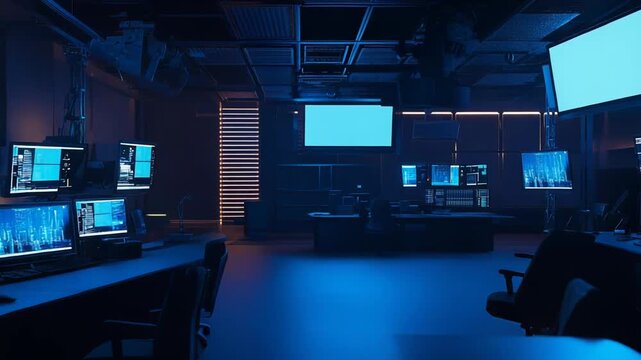 Modern control room providing crucial cybersecurity defense. Monitoring complex data systems and network infrastructure to ensure robust digital protection and operational security for critical assets