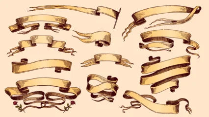Set of scroll ribbon banners in Barocco style. Hand drawn engraving for your text in vintage traditional technique. For wedding, events, birthday and greetings. © artbalitskiy