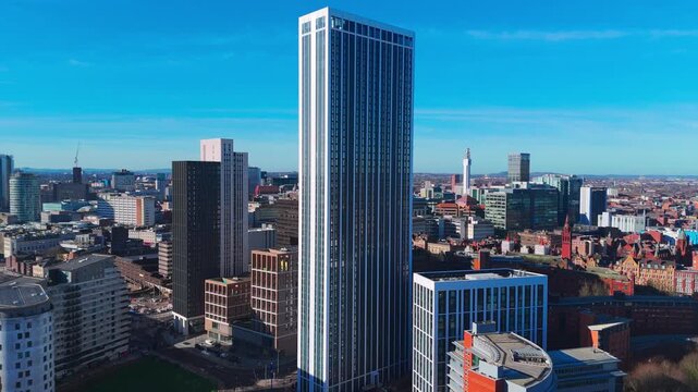 An orbit drone movement in the Eastside of Birmingham City Centre revealing the rest of the modern skyline