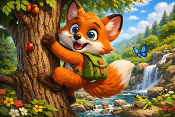 Fototapeta premium Adventurous orange fox with a backpack climbing a tree near a waterfall 3D animation character