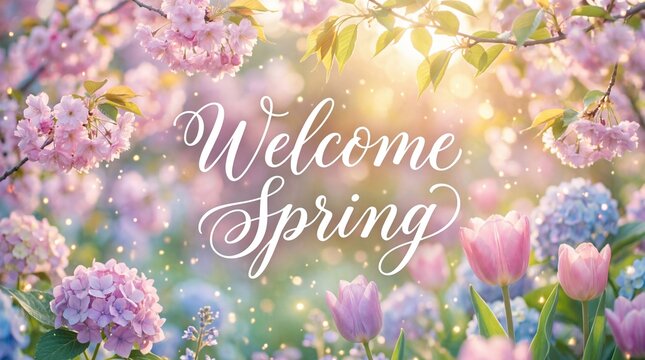 welcome spring text in elegant calligraphy surrounded by blooming pink sakura, tulips and hydrangeas. sunny bokeh background. seasonal greeting card, banner, website header.