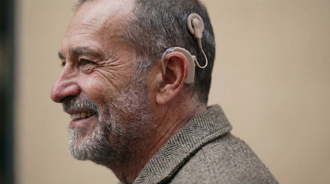 smiling senior caucasian man wearing cochlear implant for hearing loss. profile view of happy elderly male. medical technology, disability aid. healthcare brochure, banner with copyspace.